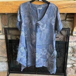 Blue Relaxed Asymmetrical Tunic Top 100% LIN BLANC Womans Sz 36 NWOT